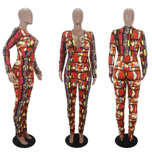 Print Ruched V Neck Jumpsuit