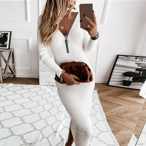 Autumn V-neck Ribbed Knit Sweater Dress