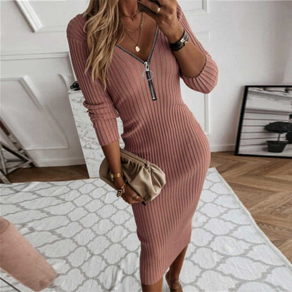 Autumn V-neck Ribbed Knit Sweater Dress