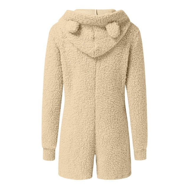 Fluffy Fleece Hooded Teddy Bear Romper