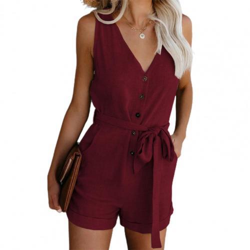 V Neck Sleeveless Button Belt Bow Casual Romper