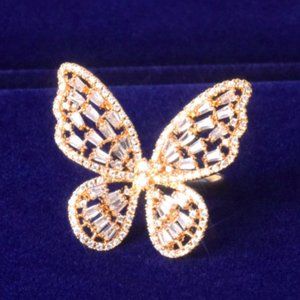 Gold Baguette Adjustable Zircon Butterfly Ring